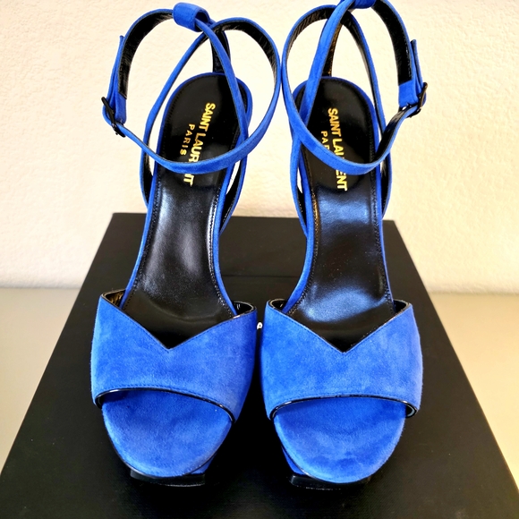Saint Laurent Blue Suede Platform Stiletto Ankle Strap Buckle Heels EU 38 - Picture 6 of 13